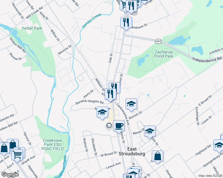 map of restaurants, bars, coffee shops, grocery stores, and more near 399 North Courtland Street in East Stroudsburg