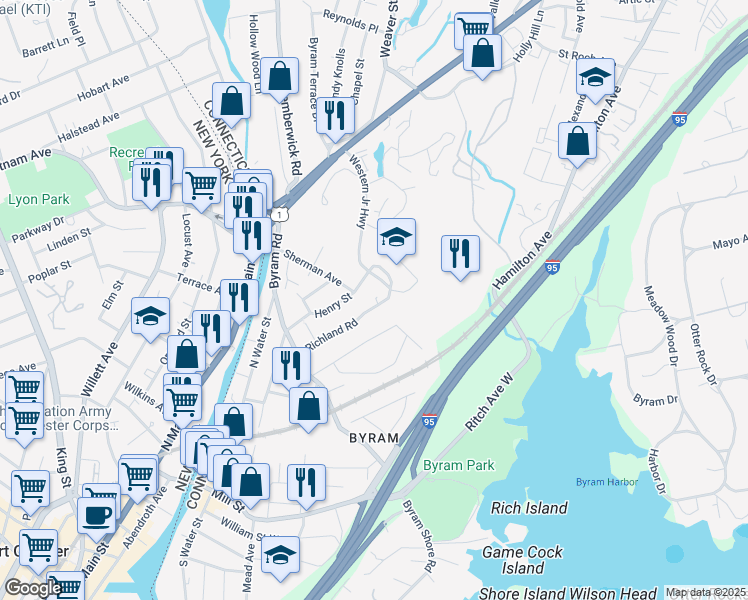 map of restaurants, bars, coffee shops, grocery stores, and more near 66 Richland Road in Greenwich