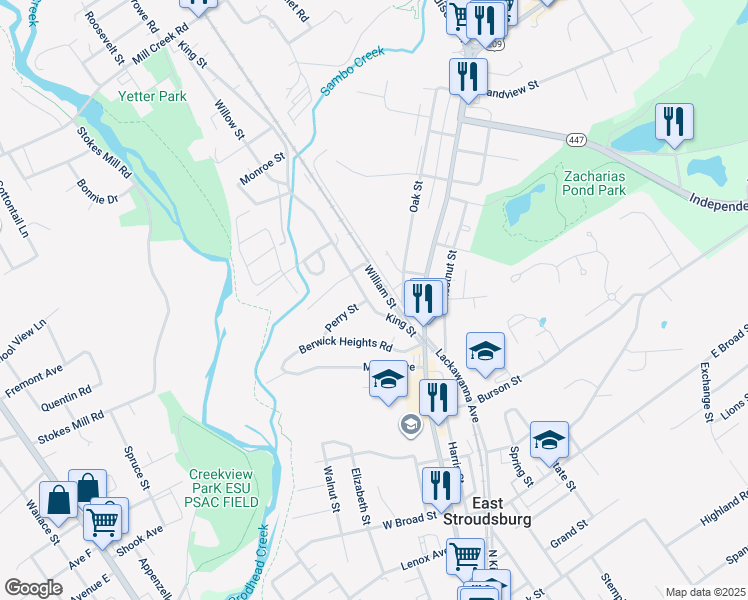 map of restaurants, bars, coffee shops, grocery stores, and more near 76 King Street in East Stroudsburg