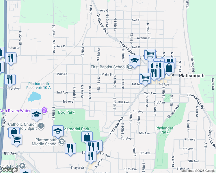 map of restaurants, bars, coffee shops, grocery stores, and more near 1123 1st Avenue in Plattsmouth