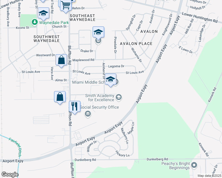 map of restaurants, bars, coffee shops, grocery stores, and more near 8100 Amherst Drive in Fort Wayne
