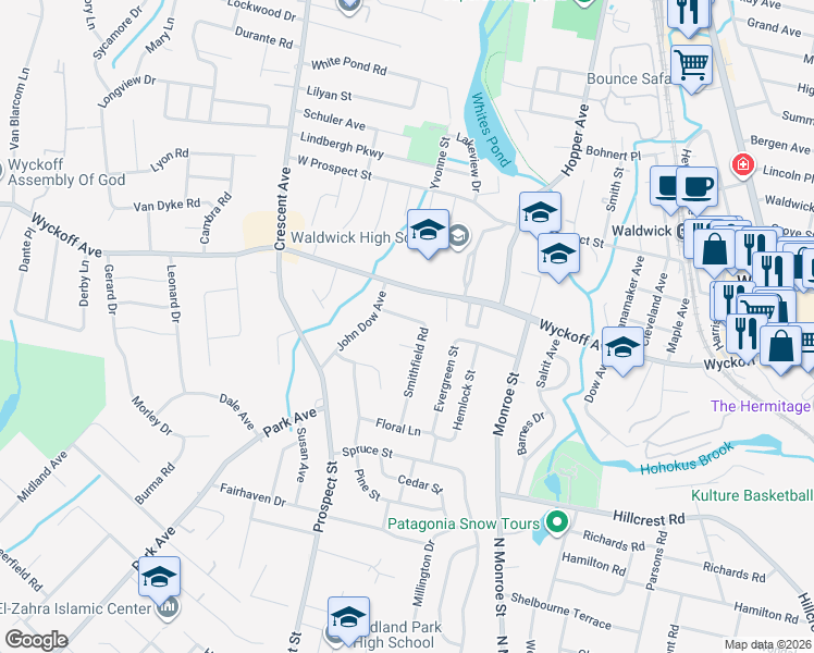 map of restaurants, bars, coffee shops, grocery stores, and more near 9 Smithfield Road in Waldwick