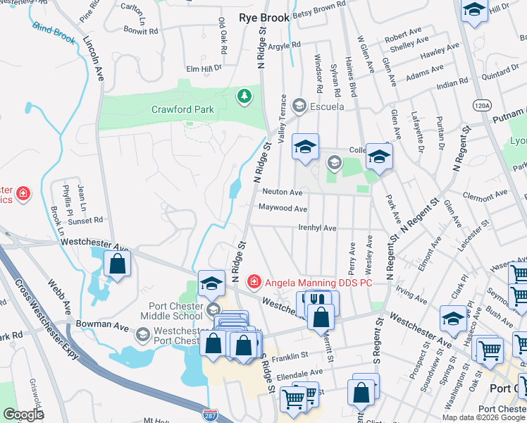 map of restaurants, bars, coffee shops, grocery stores, and more near 22 Maywood Avenue in Rye Brook