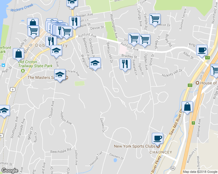 map of restaurants, bars, coffee shops, grocery stores, and more near 20 Springhurst Park in Dobbs Ferry