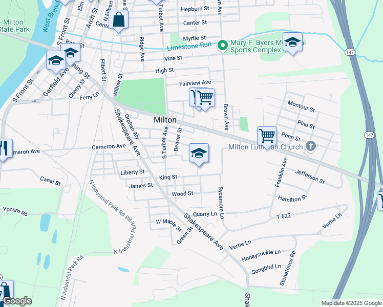 map of restaurants, bars, coffee shops, grocery stores, and more near 114 Georgetown Lane in Milton