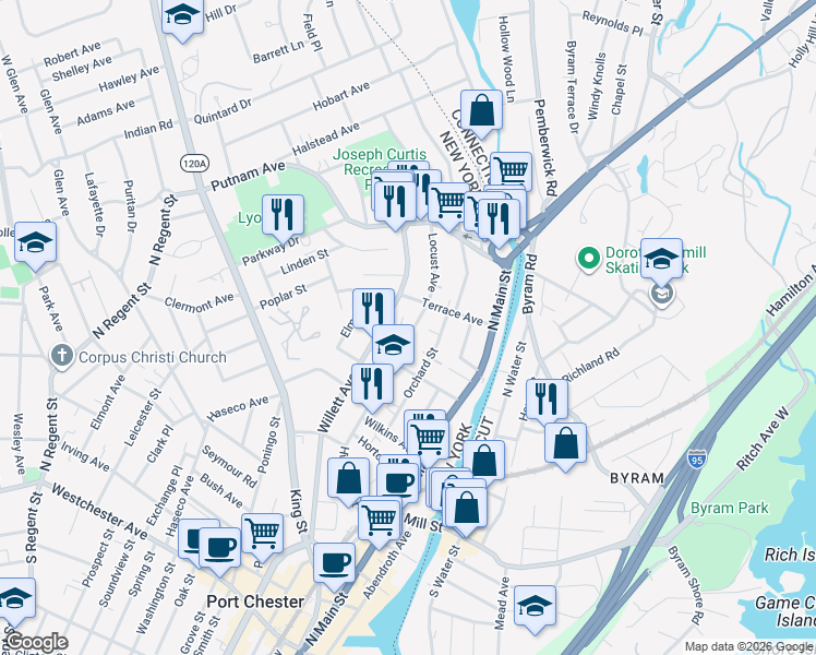 map of restaurants, bars, coffee shops, grocery stores, and more near 4 Lockwood Place in Port Chester