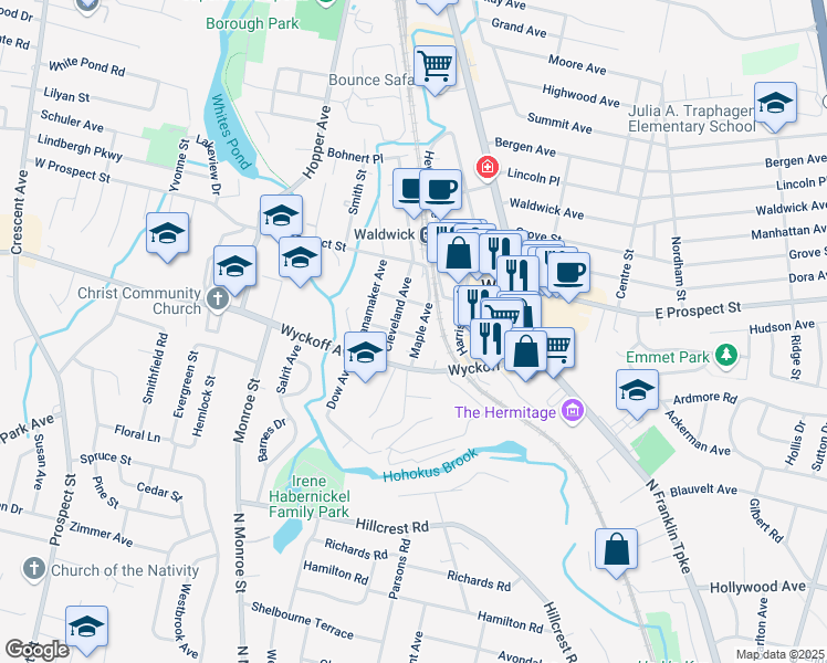 map of restaurants, bars, coffee shops, grocery stores, and more near 12 Maple Avenue in Waldwick