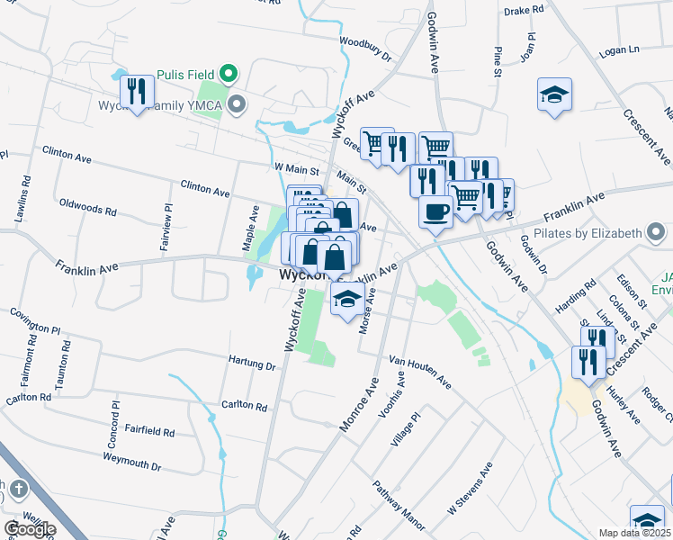 map of restaurants, bars, coffee shops, grocery stores, and more near 257 Everett Avenue in Wyckoff