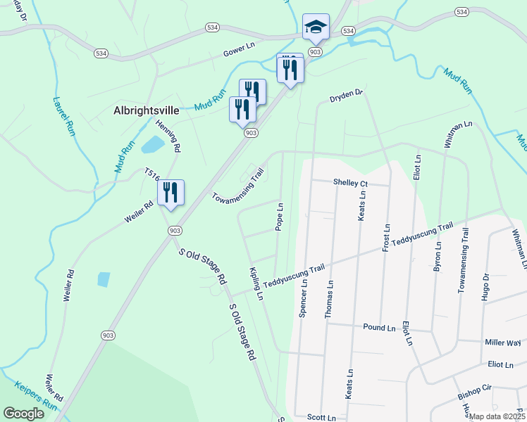 map of restaurants, bars, coffee shops, grocery stores, and more near 140 Kipling Lane in Albrightsville