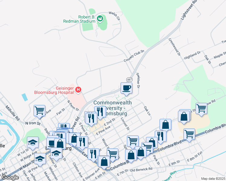 map of restaurants, bars, coffee shops, grocery stores, and more near 801 Lightstreet Road in Bloomsburg