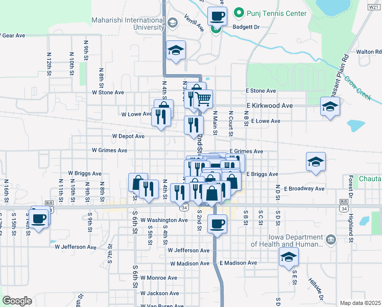 map of restaurants, bars, coffee shops, grocery stores, and more near 300-336 West Grimes Avenue in Fairfield