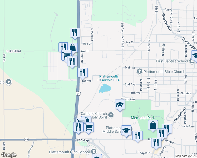 map of restaurants, bars, coffee shops, grocery stores, and more near 125 West Deer Lane in Plattsmouth