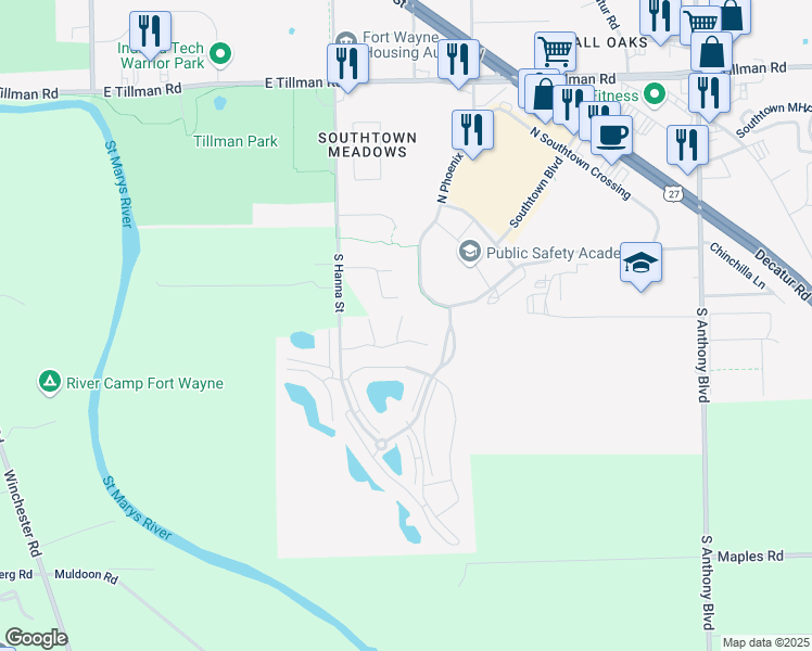 map of restaurants, bars, coffee shops, grocery stores, and more near 2 Prestwick Square Drive in Fort Wayne