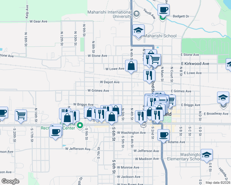 map of restaurants, bars, coffee shops, grocery stores, and more near 600-640 West Grimes Avenue in Fairfield