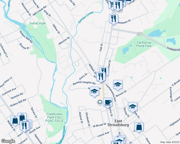 map of restaurants, bars, coffee shops, grocery stores, and more near 76 King Street in East Stroudsburg