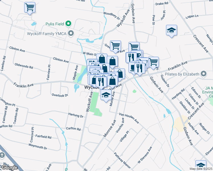 map of restaurants, bars, coffee shops, grocery stores, and more near 248 Madison Avenue in Wyckoff