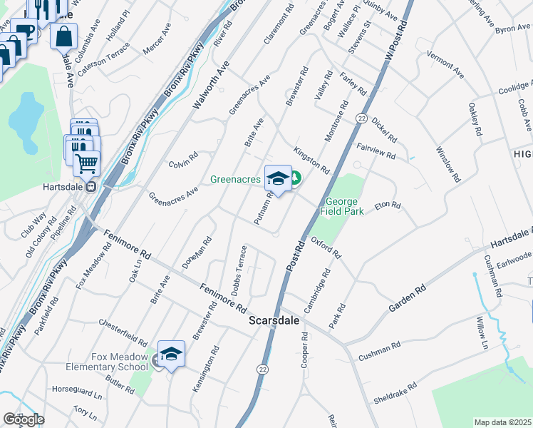 map of restaurants, bars, coffee shops, grocery stores, and more near 4 Putnam Road in Scarsdale