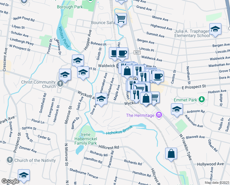 map of restaurants, bars, coffee shops, grocery stores, and more near 12 Maple Avenue in Waldwick