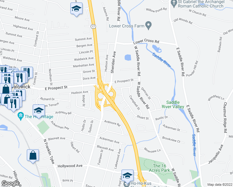 map of restaurants, bars, coffee shops, grocery stores, and more near 8 Macbeth Court in Waldwick
