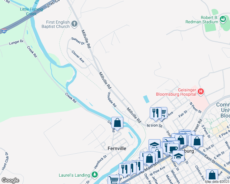 map of restaurants, bars, coffee shops, grocery stores, and more near 217 Millville Road in Bloomsburg