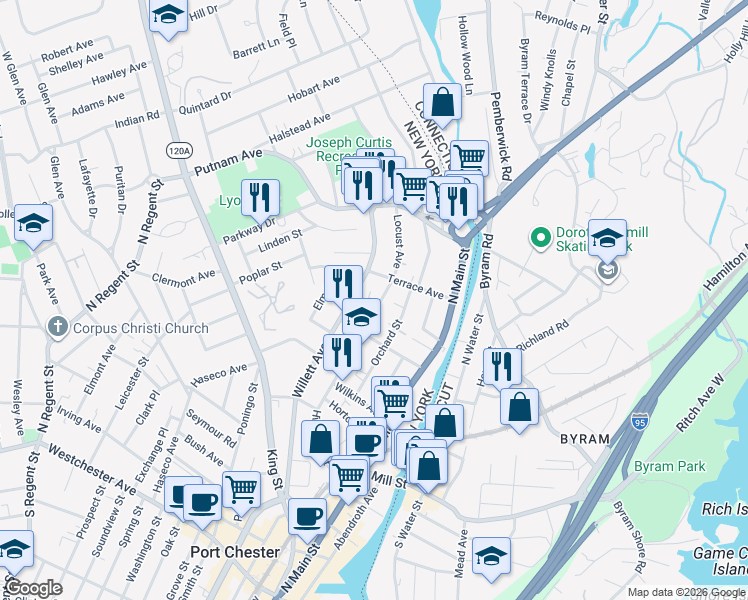 map of restaurants, bars, coffee shops, grocery stores, and more near 4 Lockwood Place in Port Chester