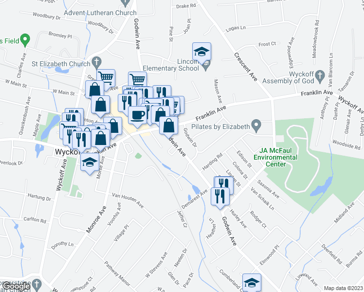 map of restaurants, bars, coffee shops, grocery stores, and more near 254 Godwin Avenue in Wyckoff