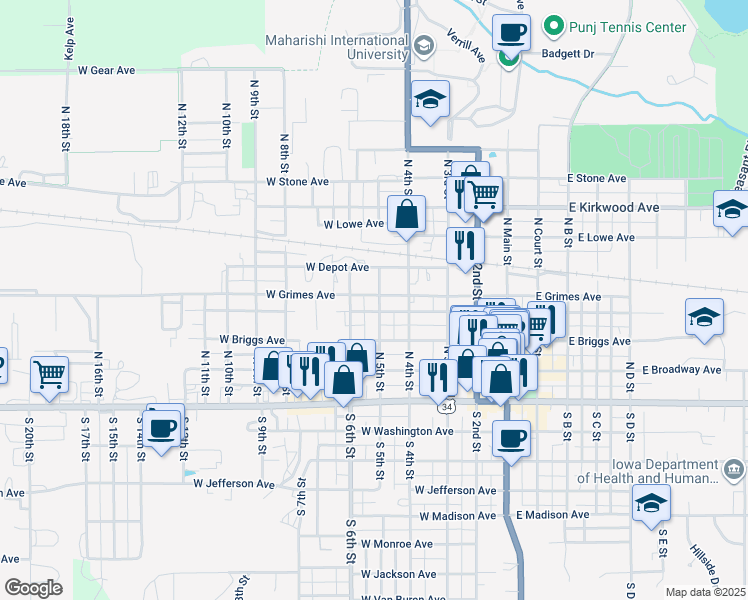 map of restaurants, bars, coffee shops, grocery stores, and more near 302 North 5th Street in Fairfield