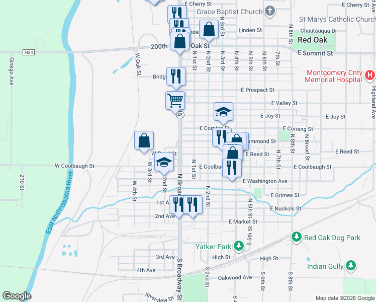 map of restaurants, bars, coffee shops, grocery stores, and more near 105 West Reed Street in Red Oak