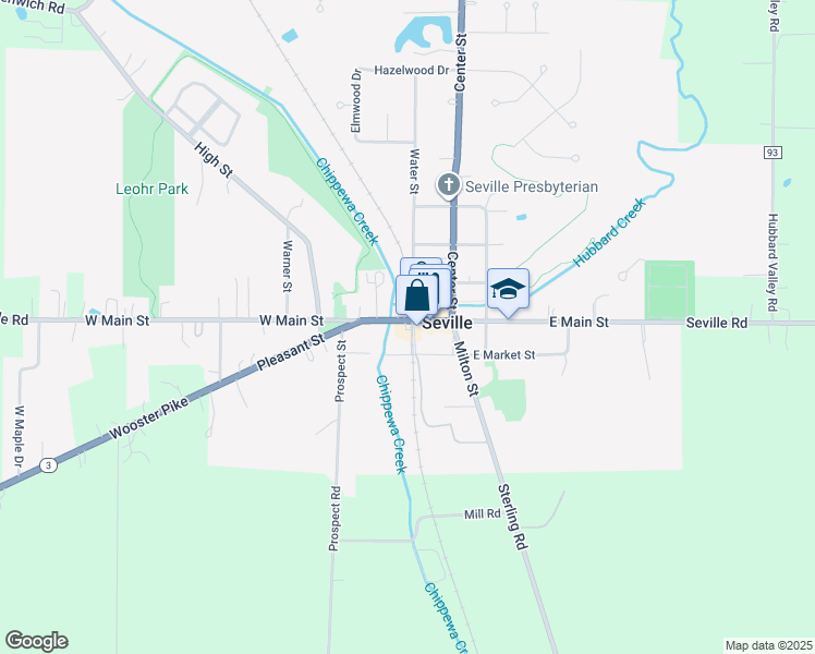 map of restaurants, bars, coffee shops, grocery stores, and more near 43 West Main Street in Seville