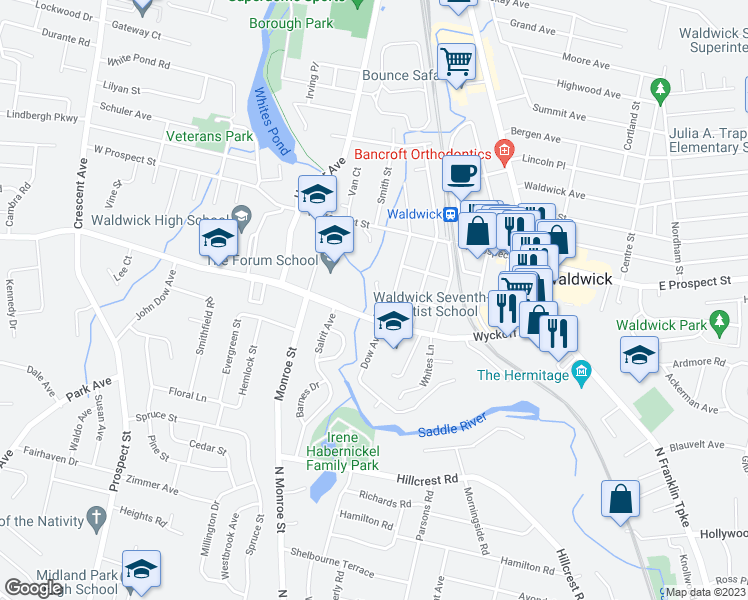 map of restaurants, bars, coffee shops, grocery stores, and more near 3 Vernon Court in Waldwick