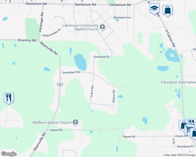 map of restaurants, bars, coffee shops, grocery stores, and more near 2770 Swinehart Road in Akron