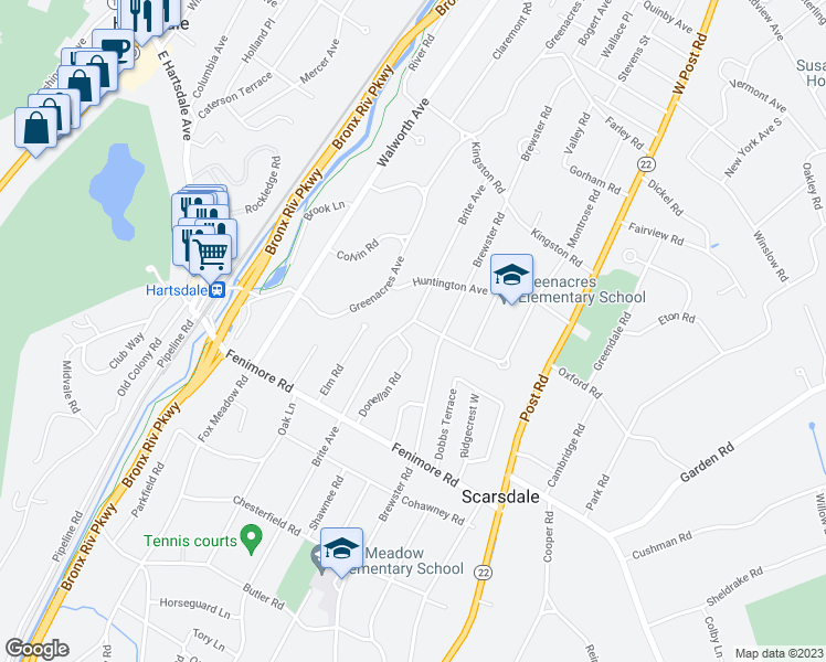 map of restaurants, bars, coffee shops, grocery stores, and more near 2 Sage Terrace in Scarsdale