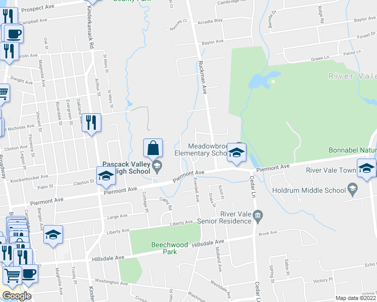 map of restaurants, bars, coffee shops, grocery stores, and more near 4 Meadow Drive in Hillsdale
