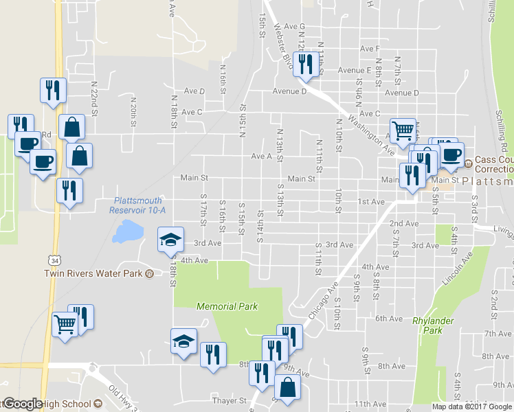 map of restaurants, bars, coffee shops, grocery stores, and more near 202 South 14th Street in Plattsmouth