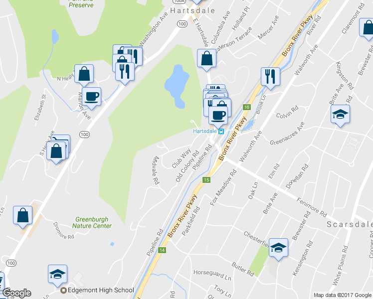 map of restaurants, bars, coffee shops, grocery stores, and more near 6 Club Way in Hartsdale