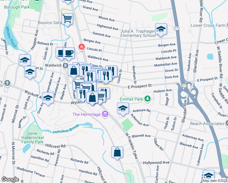 map of restaurants, bars, coffee shops, grocery stores, and more near 7 Wayne Court in Waldwick