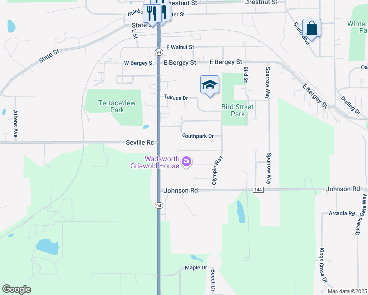 map of restaurants, bars, coffee shops, grocery stores, and more near 170 Hillside Dr in Wadsworth
