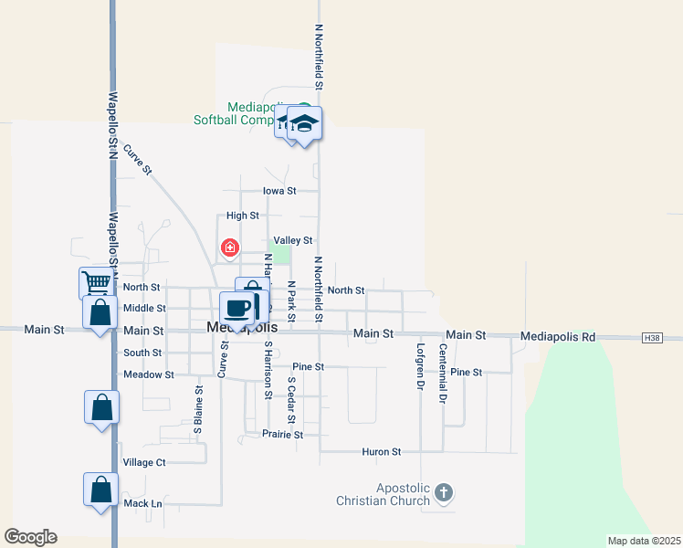 map of restaurants, bars, coffee shops, grocery stores, and more near 101 Blacks Lane in Mediapolis