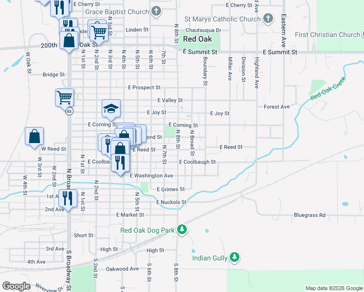 map of restaurants, bars, coffee shops, grocery stores, and more near 602 North 8th Street in Red Oak