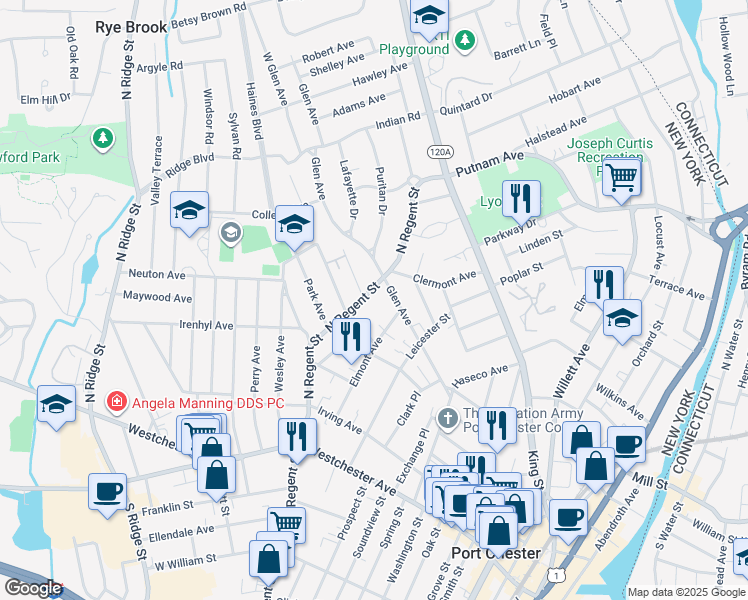 map of restaurants, bars, coffee shops, grocery stores, and more near 169 North Regent Street in Port Chester