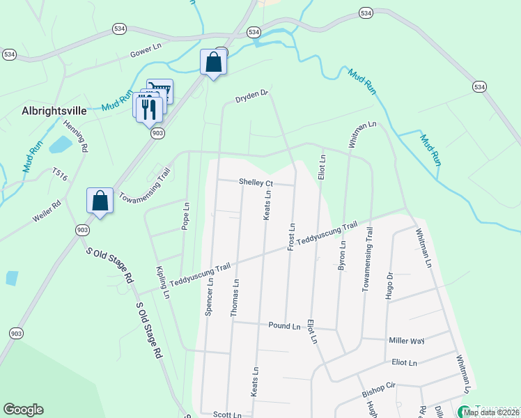 map of restaurants, bars, coffee shops, grocery stores, and more near 206 Keats Lane in Albrightsville