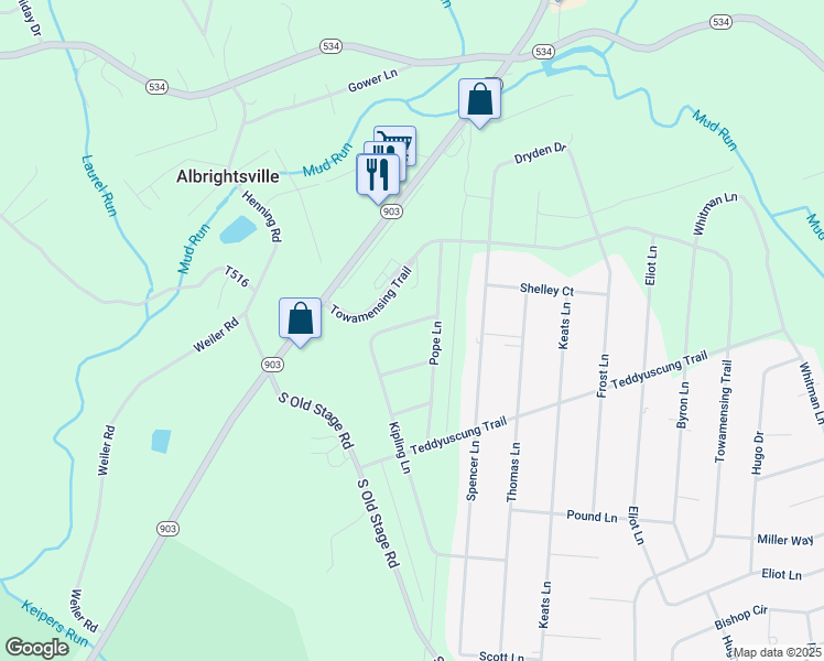 map of restaurants, bars, coffee shops, grocery stores, and more near 140 Kipling Lane in Albrightsville