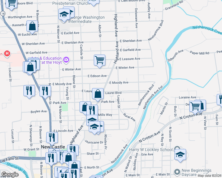 map of restaurants, bars, coffee shops, grocery stores, and more near 333 Laurel Blvd in New Castle