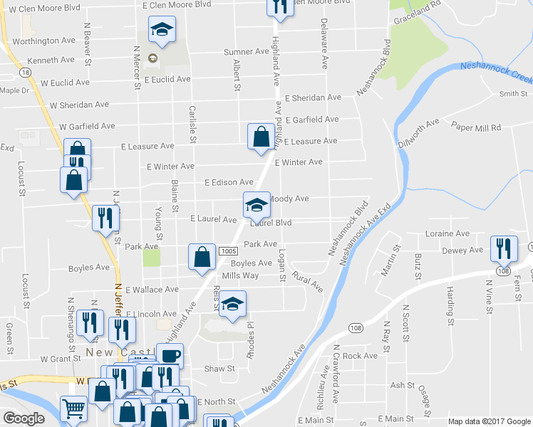 map of restaurants, bars, coffee shops, grocery stores, and more near 335 Laurel Boulevard in New Castle