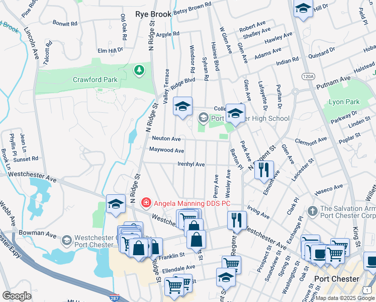 map of restaurants, bars, coffee shops, grocery stores, and more near 81 Hillcrest Avenue in Rye Brook