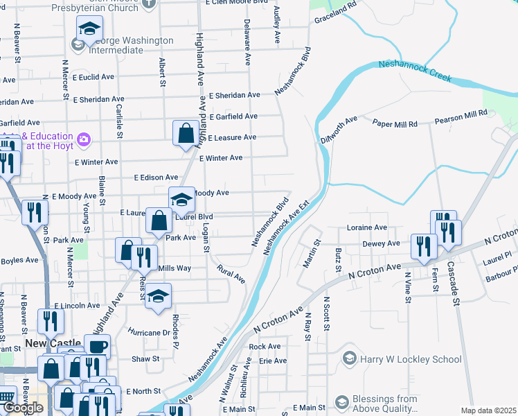 map of restaurants, bars, coffee shops, grocery stores, and more near 503 Laurel Boulevard in New Castle