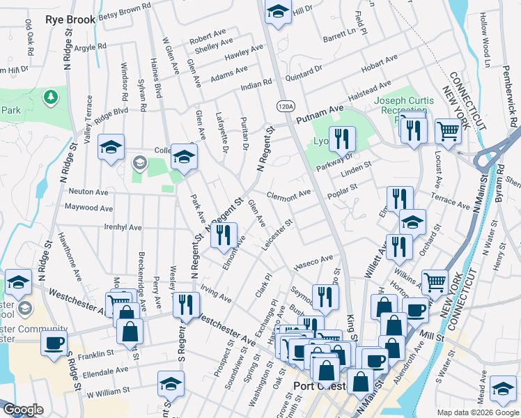 map of restaurants, bars, coffee shops, grocery stores, and more near 95 Glen Avenue in Port Chester