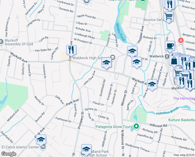 map of restaurants, bars, coffee shops, grocery stores, and more near 9 Smithfield Road in Waldwick