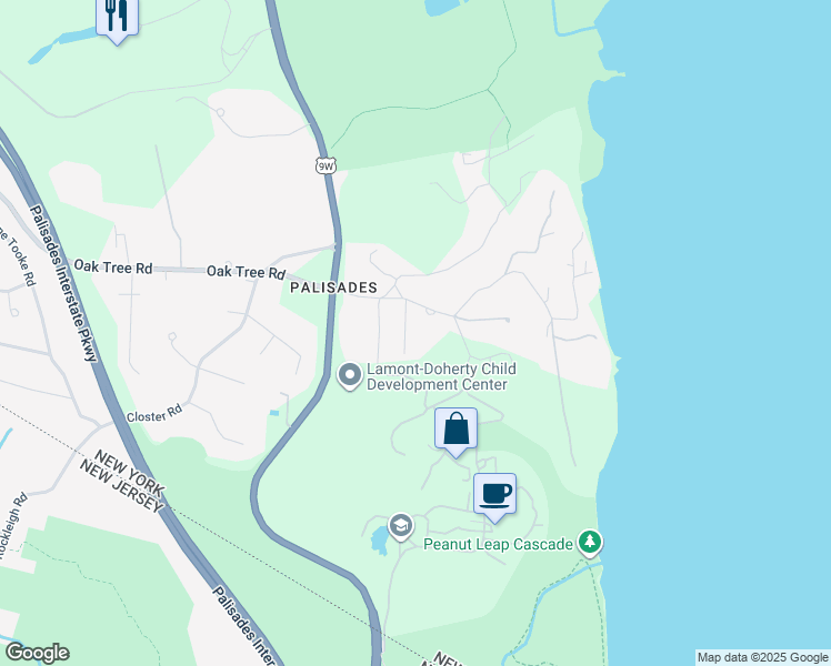 map of restaurants, bars, coffee shops, grocery stores, and more near 129 Washington Springs Road in Palisades