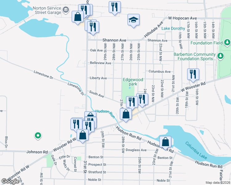map of restaurants, bars, coffee shops, grocery stores, and more near 73 28th St NW in Barberton